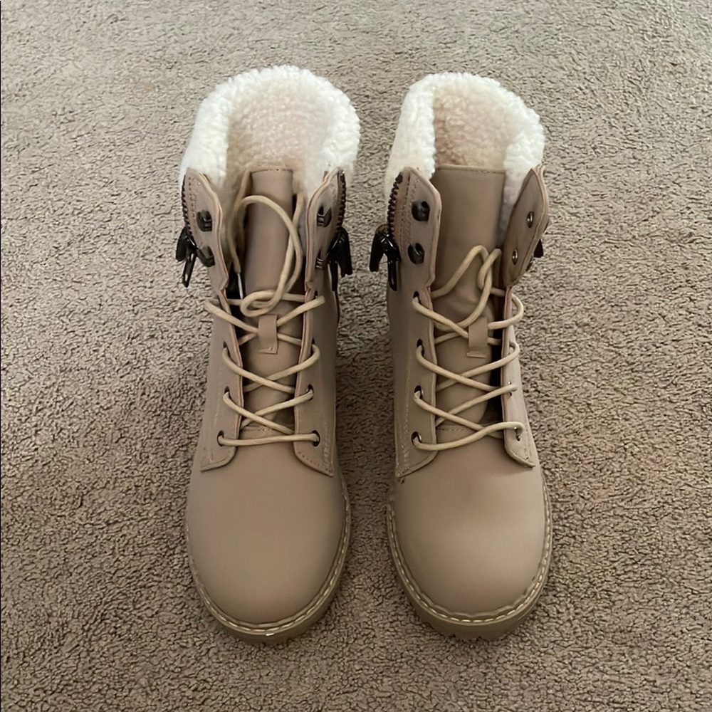 Tan and White Combat Moto Boots with Plush Lining